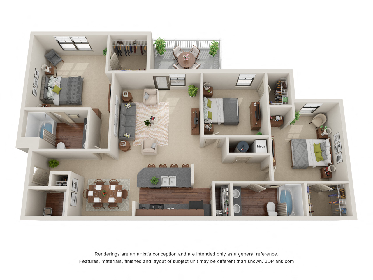Floor plan for 3 beds, 2 baths, 1296 sqft